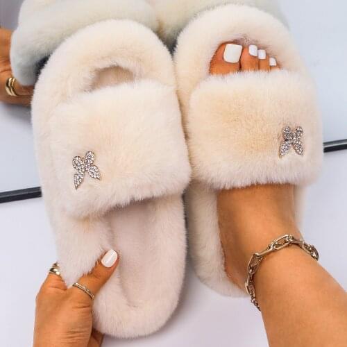 Furry Slippers Fur Slides For Women Faux Fur Flip Flops Cute Ladies Butterfly Home Slippers Platform Sandals Flats Winter shoes