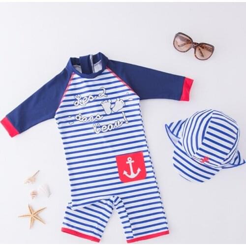 Lovely Blue and White Stripe Baby Boy Conjoined Swimwear with Swimming Cap/Beach Sunscreen Surfing Swimsuit 3182