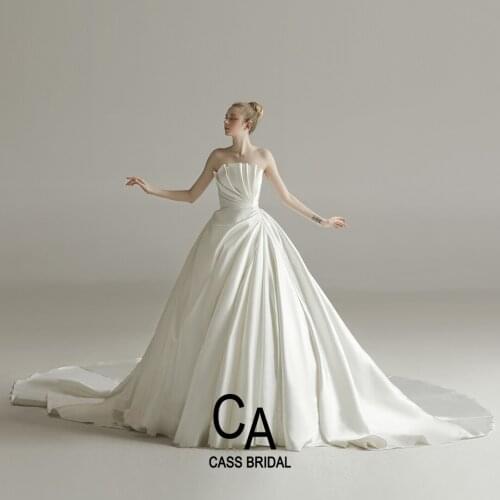 Trendy A-line wedding dresses satin strapless ruched Chapel Train Ivory Elegant Princess Bridal Gowns