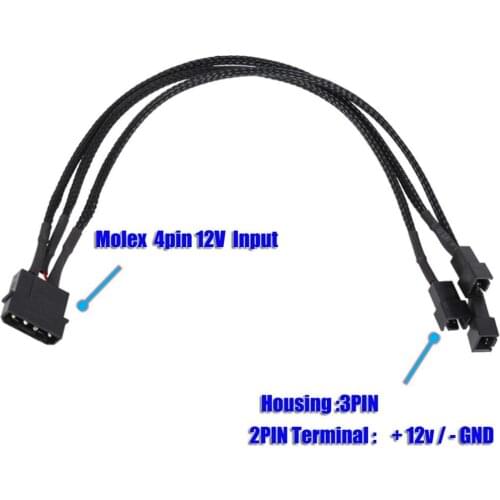 Molex to 3 x 3 pin Fan 20cm Y Splitter Power Cable 12v Black Sleeved
