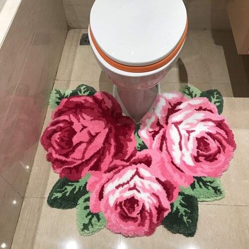 Washable Toilet Bath Mat Absorbent Non-Slip Thick Soft Bathroom Rug Red Rose Fluffy Area Rugs High Pile Runner Shaggy Carpet