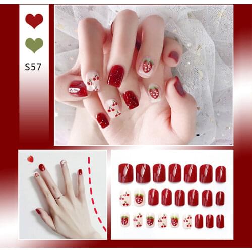 24pcs Strawberry False Nails Flat Head Nail Tips Cute Autumn Winter Fake Nail With Glue Press On Nails Art Tools