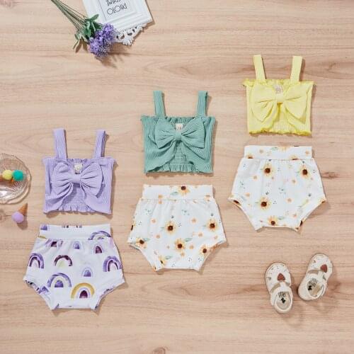 Baby Newborn Girls Outfits Sleeveless Solid Bow Knot Tops Floral Print Shorts Summer Infant Toddler Sets Baby Clothes 0-24M