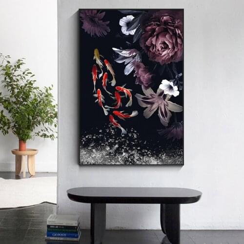 DK-ART Wall Art Painting Prints on Canvas Wall Goldfish and peony Flowers Picture Modern Home Wall Decorative Pictures Cuadros