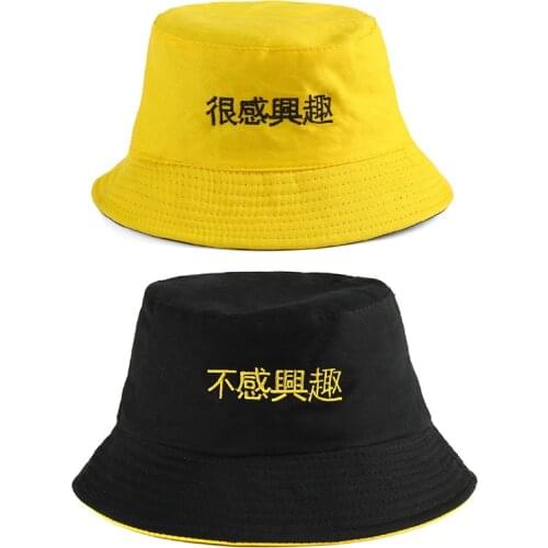 2019 Cotton Double sided black yellow embroidery Bucket Hat Fisherman Hat outdoor travel hat Sun Cap Hats for Men and Women 184