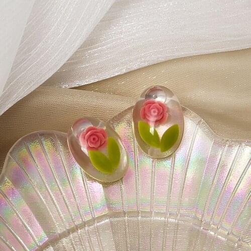 Origin Summer Fashion Rose Flower Oval Resin Stud Earring for Women Korean Transparent Geometric Earring Jewelry Pendientes
