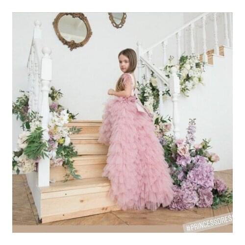 Luxury Kids Tulle Dresses With Long Train Ruffles Pleated Satin Custom Made Girls Performance Dress For Photo Shoot