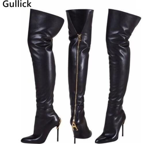 Newest Fashion Black Leather Thigh High Boot Golden Zip Decor Pointed Toe Boot Tight Slim Thin High Heels Boots For Woman
