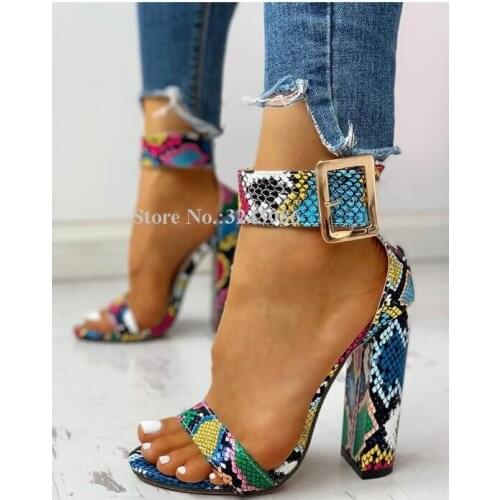 Sexy Snakeskin Leahter Chunky Heel Women Sandals New Fashion Big Bucke Strap Mixed Color Concise Style Dress Sandals Shoes Lady