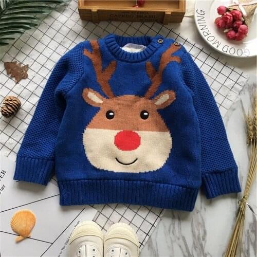 Tonytaobaby Winter New Boys and Girls Christmas Blue Deer Knitted Plush Sweater
