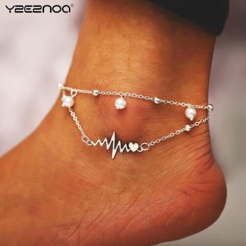 Women Leg Chain Bohemian Wave Foot Jewelry Fashion Anklets Bracelet For Ankle Female Simulation Pearl Heart Beads Anklet
