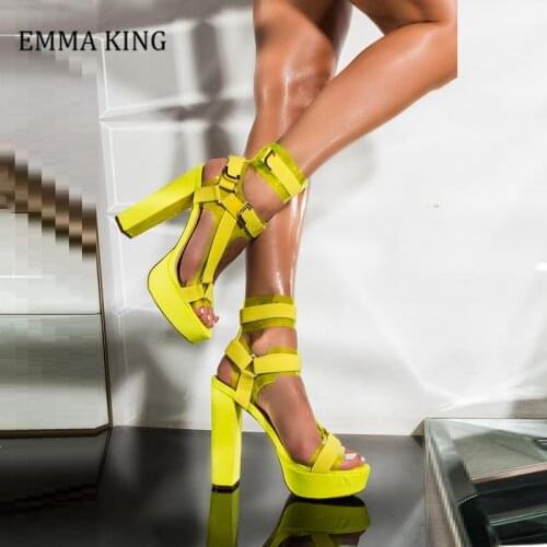2020 Women Platform Heeled Strappy Sandals Metal Buckle Strap Gladiator Sandals Neon Colour PVC Platform Summer Party Shoes