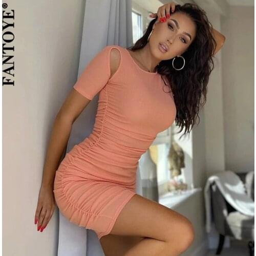FANTOYE New Half Sleeve Ruched Slim Mini Dress 2021 O-Neck Skinny Elastic Solid Dresses Ladies Elegant Bodycon Partywear Vestido