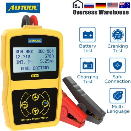 AUTOOL BT360 Car Battery Tester 12V Battery Diagnostic Test Digital Automotive Multi-Language 12 Volt Battery Analyzer for Auto