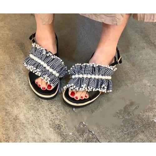Carpaton Summer Fashion Ruffles Decorations Flat Sandals Woman Open Toe Pearls Beaded Gladiator Shoes Cutouts Casual Shoes