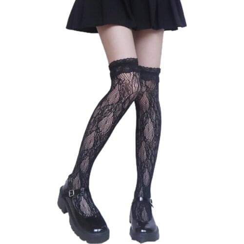 Japanese Women Girls Thigh High Stockings Sweet Ruffles Lace Hollow Out Fishnet Patterned Lolita Kawaii Over Knee Long H9ED