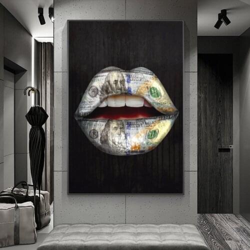 Money on Mouth Inspirational Canvas Art Posters And Prints Lips Graffiti Art Canvas Paintings On the Wall Street Art Pictures