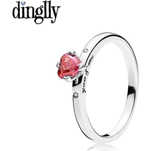 Dinglly Shiny Red Zircon You And My Heart Love True Ring Female Wedding Jewelry Gift Engagement Silver Color Ring