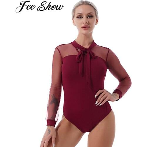 Gymnastics Leotard Gym Dancing Bodysuits Jumpsuit Solid Color Long Sleeves Mesh Top Shirt Sport Ballet Bodysuit Women Dance Wear