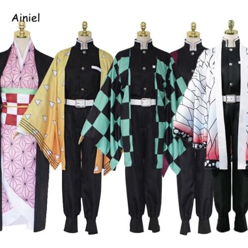 Women Girls Anime Demon Slayer Kimetsu no Yaiba Cosplay Costume Kamado Nezuko Kimono Dress Uniform Long Wigs Synthetic Hair Wigs