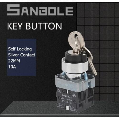 Key Rotary Switch Push Button 22mm Knob Lock Latching Metal Circle NO NC 2/3 Positions Waterproof 10A Silver Contact