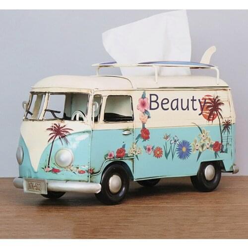 Tissue Box Flower Bus Model Figurines Retro Car Tissue Dustproof Tissue Storage Box For Office Home Decoration