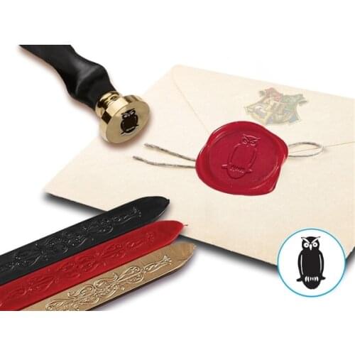 Owl Wax Seal Kit with Brown Wood Handle & Red Black & Gold Sealing Wax