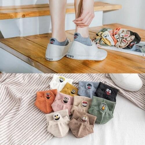 1 Pairs Womens Ankle Socks Funny Expression Cartoon Smile Face Embroidery Kawaii Spring Summer Cute Cotton Female Short Socks