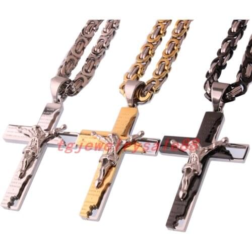Trendy Design Personality Mens Silver Color Gold Color Stainless Steel Flat Byzantine Chain Necklace Chic Cross Pendant 18-36"