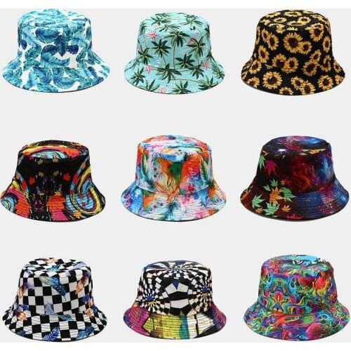 Ins New Plant Print Pattern Bucket Hat Fashion Fisherman Hat Womens Summer Outdoor Double-sided Sun Protection Cap Panama Cap