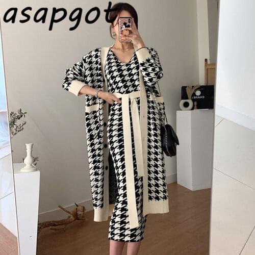 Chic Korean Long Single Breasted V Neck Plaid Knitted Jacket Sweater Sexy Spaghetti Strap Dress with Belt 2 Piece Set Elegant