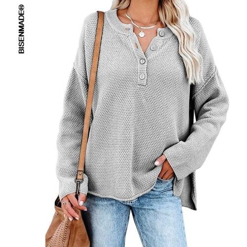 Women Clothing Sweater Autumn Winter 2021 New Knitwear Solid Color Round Neck Button Placket Split Hem Pullovers