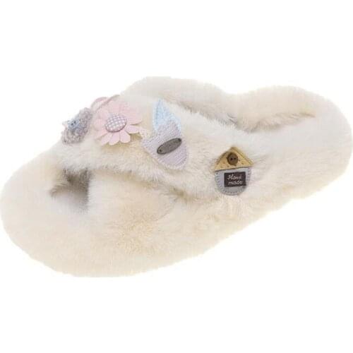 Faux Suede Home Women Full Fur Slippers Winter Warm Plush Bedroom Non-Slip Couples Shoes Indoor Ladies Furry Slippers