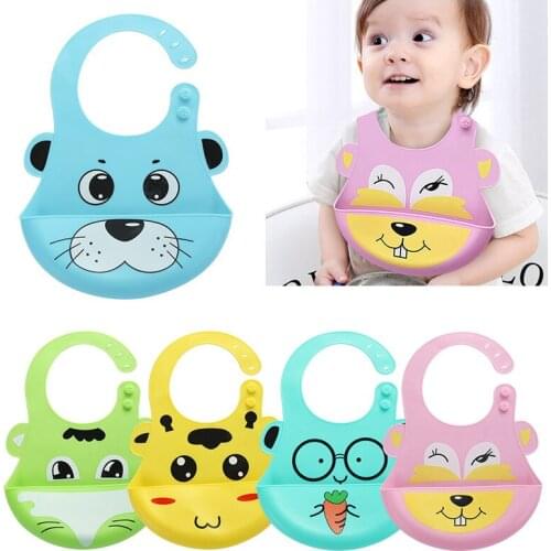 1pc 10 Colors Babys Cartoon Silicone Bib Soft Waterproof Eating Bib Waterproof Three-dimensional Rice Pocket For Kids Feeding