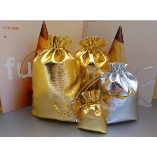 100Pcs/lot 11x16 13x18 15x20 17x23cm Golden /silver color Drawstring Organza bag Jewelry Organizer Pouche Jewelry Packaging bags