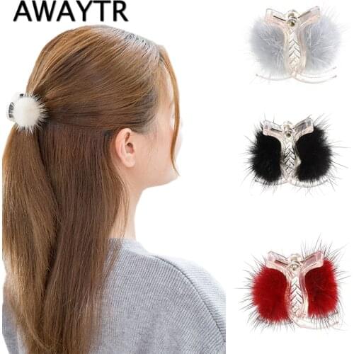 AWAYTR Cute Hair Claws Mink Faux Fur Plush Hair Claw Hairpins Head Pom Crab Clips Fashion Jewelry Women Girls Hair Accessories