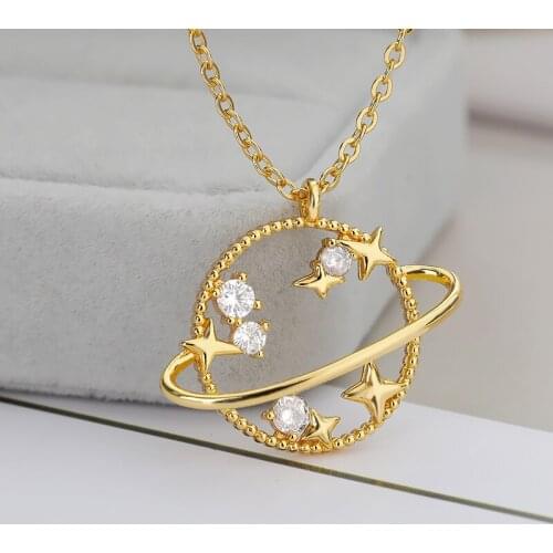 Hollow Zircon Universe Planet Star Pendant Necklace For Women Gold Silver Color Saturn Chain Necklaces Collar Luxury Jewelry