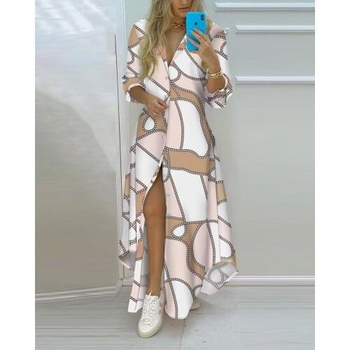 Maxi Beach Dress Elegant Women Button Long Shirt Dress Summer Split Print Lapel Neck Party Dress Long Sleeve Checked Plaid Robe