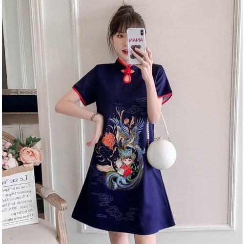 Plus Size 3XL 4XL Navy Blue Elegant Party Modern Cheongsam Dress for Women Summer Short Sleeve Qipao Traditional Chinese Clothes