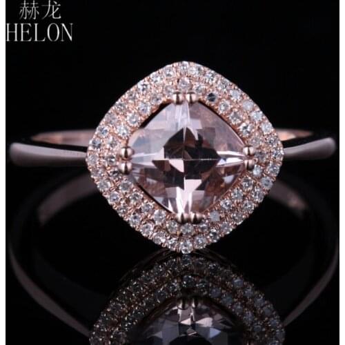 HELON Solid 14K Rose Gold AU585 Flawless Cushion 6mm Natural Morganite Diamonds Engagement Wedding Ring For Women Fine Jewelry
