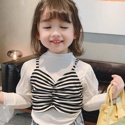 Baby Kids Cotton T-Shirt Long-sleeve Bottoming Shirt for Children Clothes 2pcs Autumn Kids Princess Puff Sleeve Striped Tops