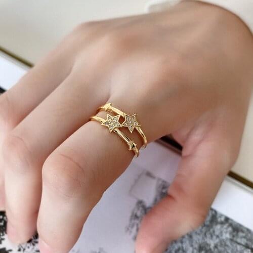 18K Gold 100% Authentic 925 sterling silver Double Rows Line Stars cz set Rings TLJ1345