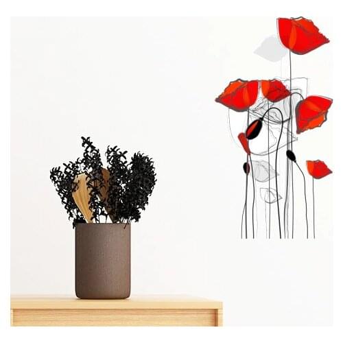 Red Flower Black Bud Abstract Art Line Painting Corn Poppy Removable Wall Sticker Art Decals Mural DIY Wallpaper for Room Decal