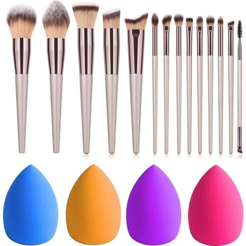 Professional Champagne Makeup Brushes Set with Beauty Blender Sponge Face Powder Foundation Eyeliner Eyeshadow for Cosmetics Kit