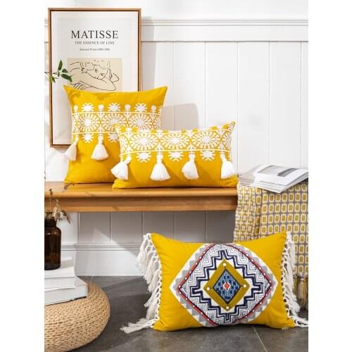 Cushion Cover Mustard Yellow 45x45/30x50cm Boho Style Gold Embroidered Cotton Pillow Cover For Living Room Sofa Chair