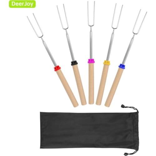 Marshmallow Roasting Sticks with Wooden Handle Extendable Forks Set of 5Pcs Telescoping Smores Skewers for Campfire Firepit