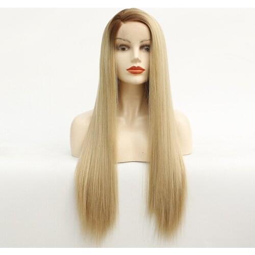 Synthetic Lace Front Wig Brown to Honey Blonde Long Silky Straight Wigs for Women Ombre Wig with Dark Roots Heat Resistant Hair