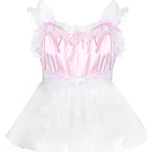 Mens Lingerie Sissy Dress Smooth Soft Elastic Frilly Ruffled Lace Shoulder Straps Satin Tulle Dress with a Tulle Waist Belt