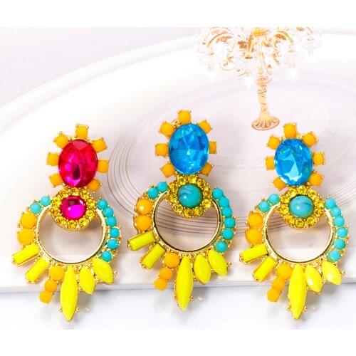 New Round Colorful Metal Crystal Dangle Earrings Statement Luxury Drop Ear Ring Fashion Jewelry Accessories For Women Wholesale