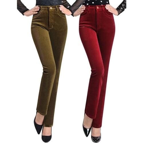 Womens Autumn Winter Corduroy Pants High Waist Elastic Loose Straight Pants Middle-aged Mother Casual Plus Velvet Trousers 1743